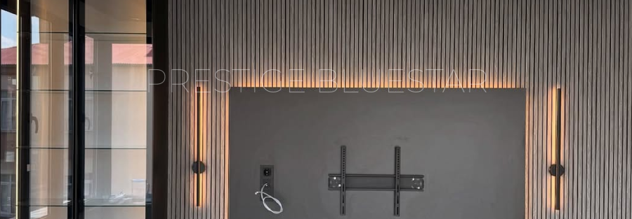 TV wall finishes including matte, gloss, wood grain and textured panels
